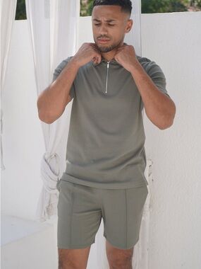 CAPO TEXTURED ZIP UP POLO SHIRT Light Olive Size Large